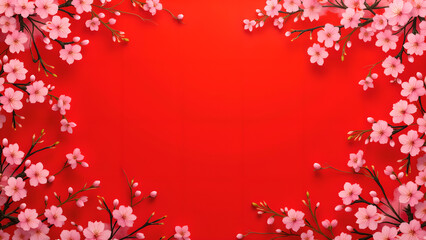 Fototapeta premium Cherry blossom frame on red background. Concept of spring, celebration, and new beginnings.