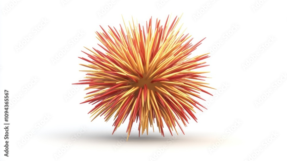 Poster a 3d rendering of a spiky spherical object in vibrant orange and yellow colors.