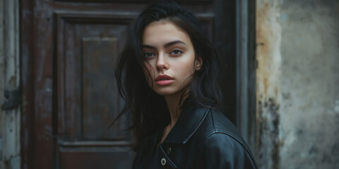 Fototapeta premium Mysterious woman in leather jacket standing against rustic wooden door