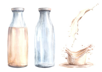 Glass milk bottle with flowing milk. Dairy products set. White liquids splash, splatters. Watercolor hand drawn illustration.Clipart for beverage, cream, yogurt label print. Isolated from background. 