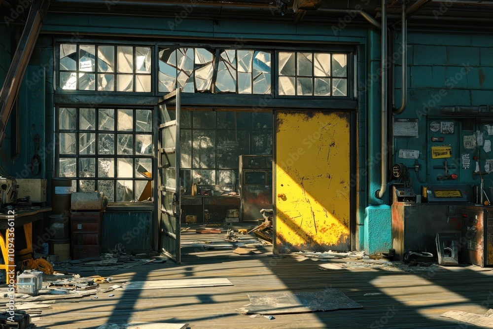 Poster a cluttered industrial workshop with a broken door and sunlight streaming through windows.