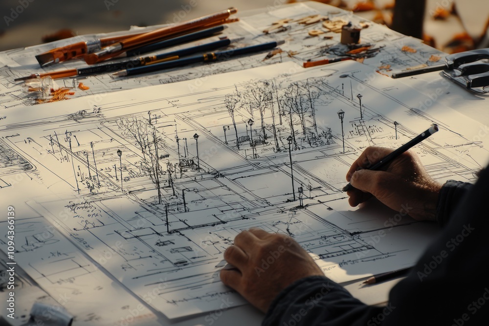 Poster A person sketches architectural plans with detailed line work and trees on a table.