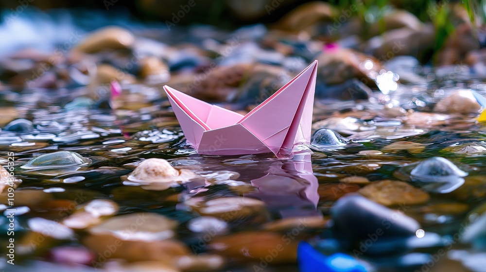 Poster a floating paper boat in a shallow stream