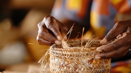 Artisan intricately weaves patterns into a traditional basket using natural materials