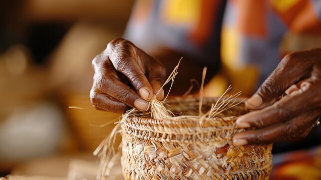 Artisan intricately weaves patterns into a traditional basket using natural materials