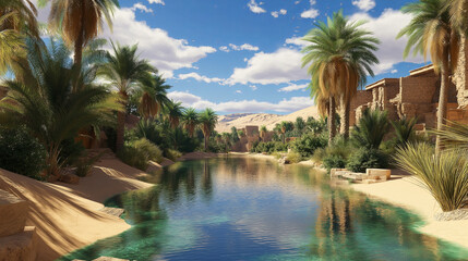 A Desert Oasis with Palm Trees and Crystal Water