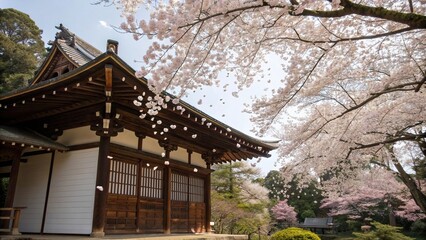 Fototapeta premium Cherry blossom petals gently falling from the branches of a Shinto shrine's surrounding trees onto its wooden roof and tiled walls, nature, wooden structures, flowers
