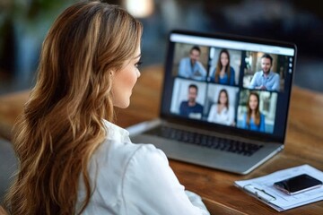 Businesswoman Team Leader Managing Hybrid Meeting with Remote Workers on Laptop Video Conference