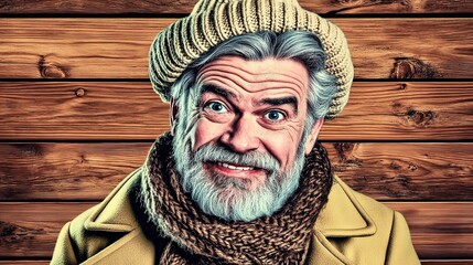 Fototapeta premium Cozy Winter Portrait of a Smiling Older Man: Perfect for a Sports-themed Interior Poster, Featuring Gray Hair, Beard, Knit Hat, and Rustic Vibes Against a Warm Wooden Background