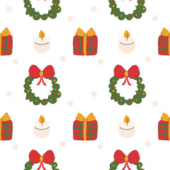 Christmas and Happy New Year trend background. Seamless pattern with gift, candle and сhristmas wreath. Texture for print, textile, fabric, packaging. Perfect for holiday cards, wrapping paper