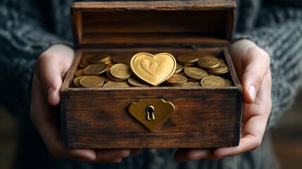 A wooden treasure chest filled with gold coins, featuring a heart-shaped coin on top, held by a person with knitted attire.
