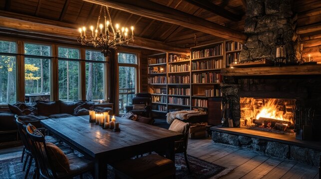 Rustic Living and Dining Room with Stone Fireplace, Candlelit Table, Bookshelves, and Forest Views