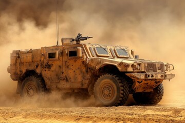 Obraz premium A military vehicle navigating through dusty terrain, showcasing its rugged design and purpose.
