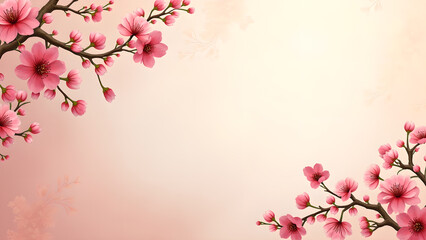 Naklejka premium Pink Cherry Blossom Flowers Branches on Peach Background. Spring Floral Design Concept.