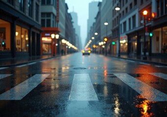City street view during rainy night with reflections and illuminated buildings