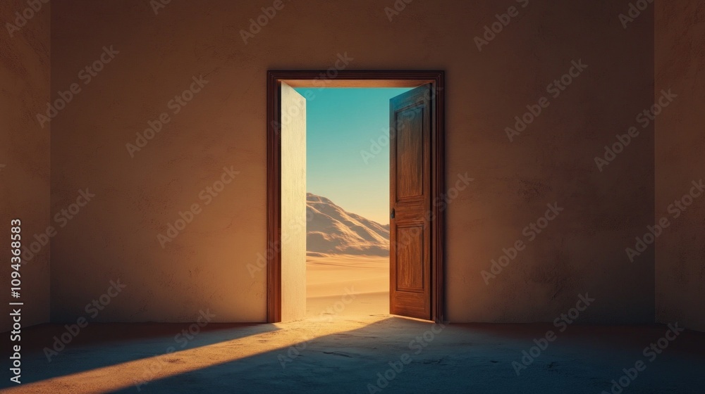 Poster a door is open in a room with a mountain in the background