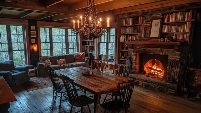 Rustic Living and Dining Room with Stone Fireplace, Candlelit Table, Bookshelves, and Forest Views - Powered by Adobe