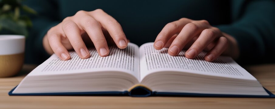 Close-up of fingers gliding over a Braille book, detailed tactile dots, Braille reading, education and accessibility