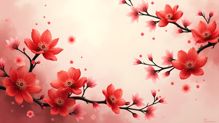 Fototapeta premium Red Cherry Blossom Flowers Branches. Floral Spring Design Concept.