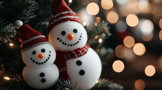 Two adorable christmas snowmen decorations with festive lights and holiday cheer in a cozy indoor setting - Powered by Adobe