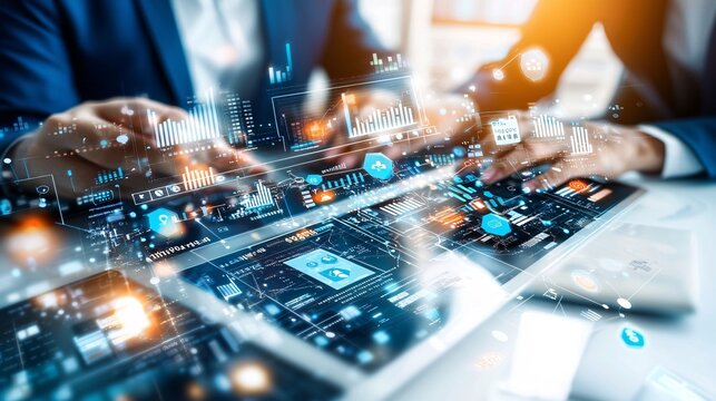 Startup executives working on a futuristic technology pitch in a professional, stylish office