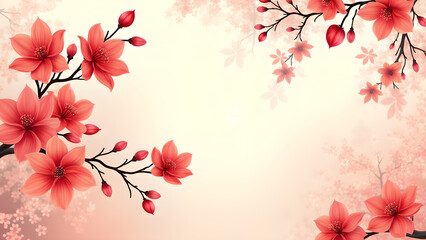 Fototapeta premium Floral Background with Red Flowers and Peach Background. Concept of spring, nature, and beauty.