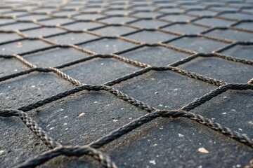 Obraz premium Close-up shot of a single black net tile pattern with a high-contrast background, abstract patterns, geometric patterns, decorative patterns, black and white textures, dark pattern