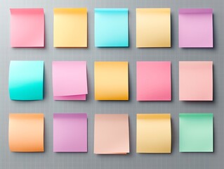 Fototapeta premium A wall with an assortment of colorful sticky notes in various shades of blue, pink, yellow, orange and green.
