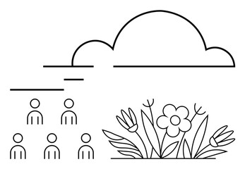 Cloud hovering above a group of six people and a flower garden. Ideal for community, nature, growth, unity, teamwork, simplicity, and minimalism themes. Line metaphor