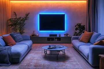 Modern Living Room with Home Theater Setup and Ambient Lighting