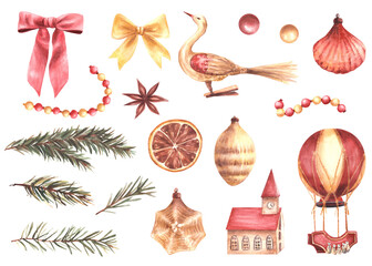 Vintage Christmas set. Bow and ribbon, hot air balloon, spruce branches and garland, Xmas fir retro toy and old decoration. Watercolor Festive hand drawn illustration. Clipart Isolated from background