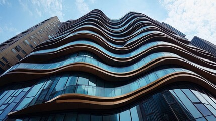 Modern skyscraper with wavy glass facade and balconies low angle view of fluid design and clear sky