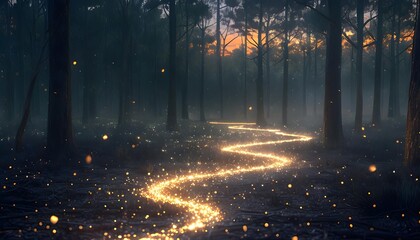Enchanted forest landscape with glowing path at twilight, fantasy adventure visuals