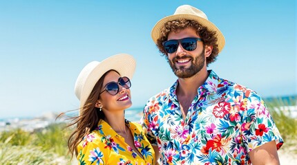 Smiling couple in floral shirts and hats on sunny beach, travel-themed promotional banner