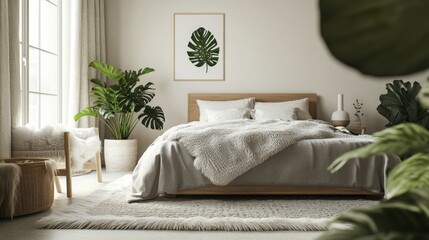 A cozy Scandinavian-inspired bedroom with light wood furniture