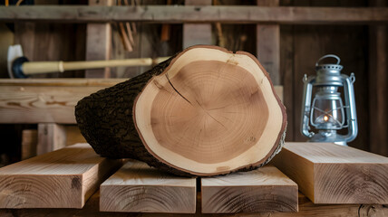 A rustic hickory wood slice, showcasing its intricate growth rings and weathered bark, rests on a bed of weathered hickory planks. Perfect for natural and earthy design projects. 