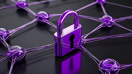 Anti tracking privacy concept, A purple padlock is set against a network of interconnected nodes, symbolizing security and connectivity in a digital environment.