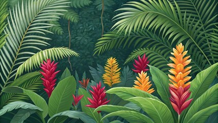 Colorful Ginger Flowers with Palm Leaves and Ferns, botanical, colorful flowers, flower, floral