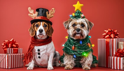 Festive dogs in Christmas costumes with gifts, joyful holiday banner on red background