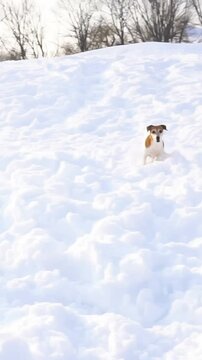 dog Jack Russell terrier running in snow. funny jumping high over high snowdrifts. active pet enjoying winter weather.  Slow motion vertical video footage