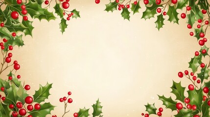 Festive holly and berry border on cream background for holiday decoration.