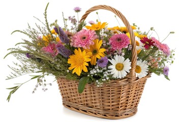 Colorful wildflowers arranged in a wicker basket, outdoor decor, garden flowers, natural fiber basket, floral arrangement, colorful wildflowers