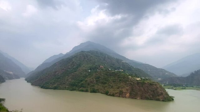 Beautiful view of himalayan mountain landscape and beas river at pandoh dam reservoir, in himachal pradesh state in India