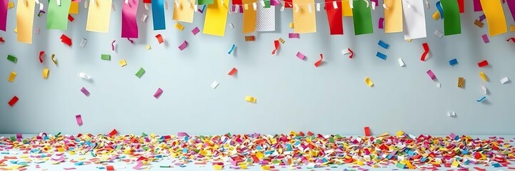 Confetti scattered on the ground beneath a colorful banner, party supplies, festive atmosphere, colorful banner