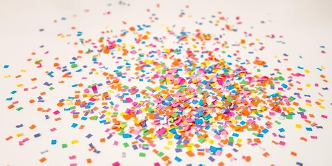 Confetti scattered on the ground creates a rainbow of colors against the backdrop of creamy white and light lavender hues, festive decorations, joyful scene