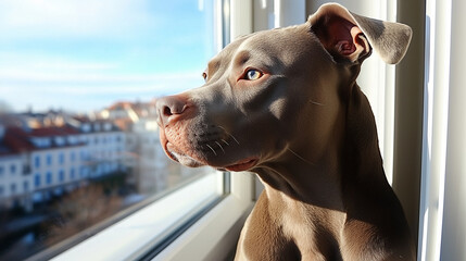 Adorable dog looking out the window symbolizing the affectionate bond between humans and pets, embodying love, loyalty, companionship, and the heartwarming essence of Man's best friend 