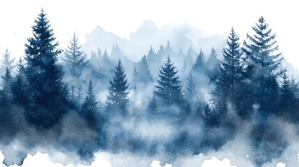 A watercolor painting of a mountain range with a forest in the foreground, obscured by fog and mist.