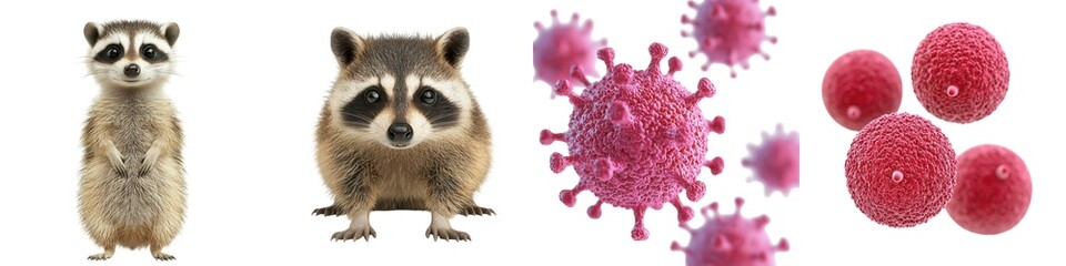 Fototapeta premium 3D Virus Disease Concept. A collection of cute raccoons and vibrant microscopic organisms, showcasing nature's diversity and beauty in one frame.