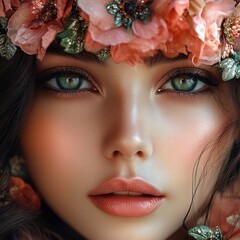 Naklejka premium A stunning portrait of a woman adorned with flowers, showcasing captivating green eyes and soft, radiant skin.