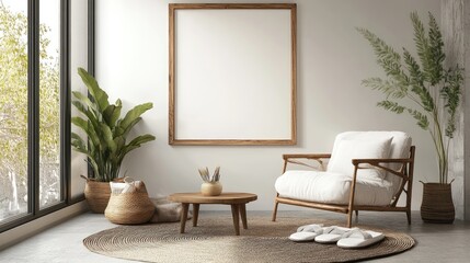 A cozy, modern living room featuring a wooden chair and a round table, surrounded by greenery and natural light.
